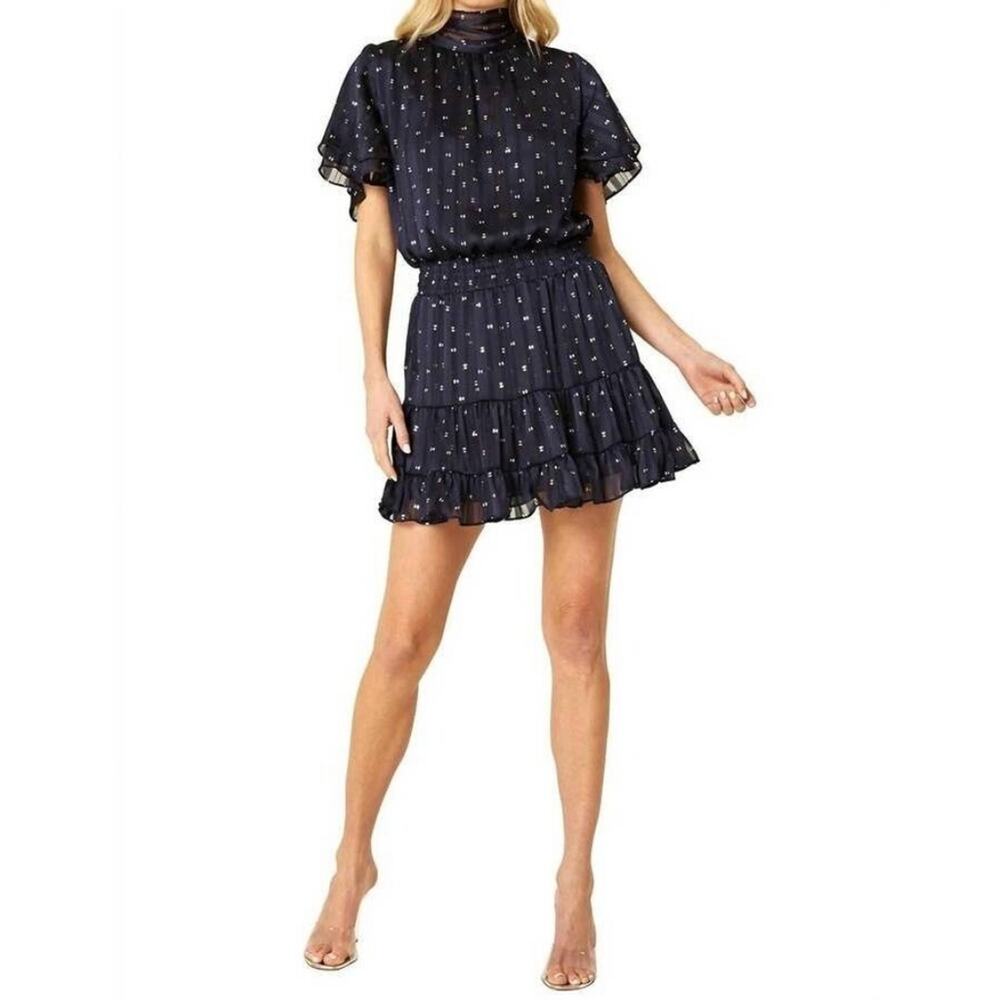 Misa Saffie Mini Dress Navy Blue with Gold Dot NWT XS